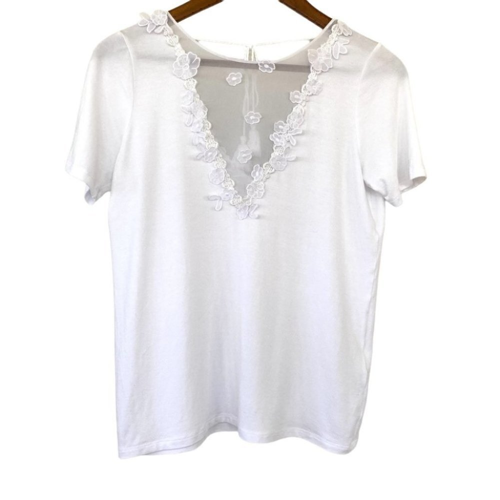 Elie Tahari jersey knit top with floral appliqués, tie at the back